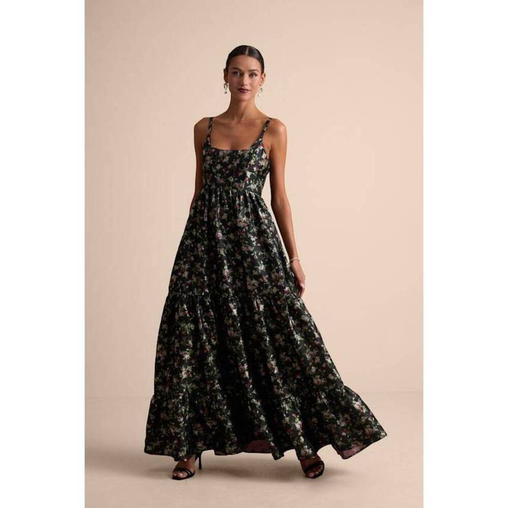 NWT Lulus Avalie Black Floral Tiered Bustier Maxi Dress - Size L
